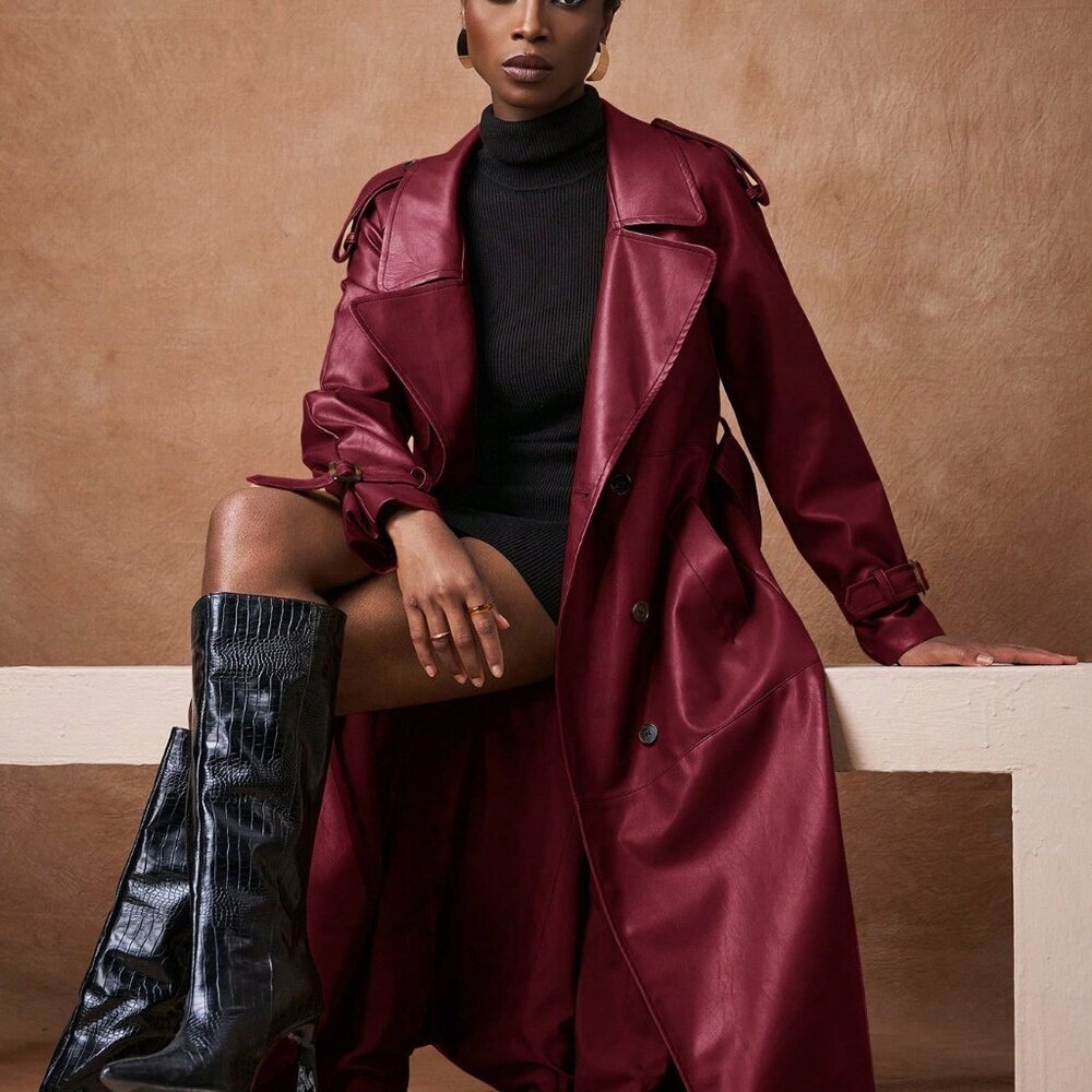 Burgundy Elegant Women's Lapel faux leather belted Long trench Coat - Picture 5 of 8